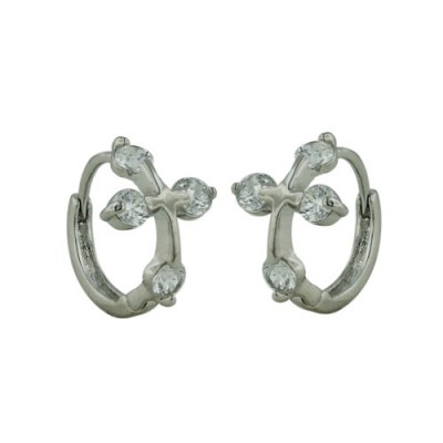 Sterling Silver Earring Huggies Cross Design with Clear Cubic Zirconia on Tip
