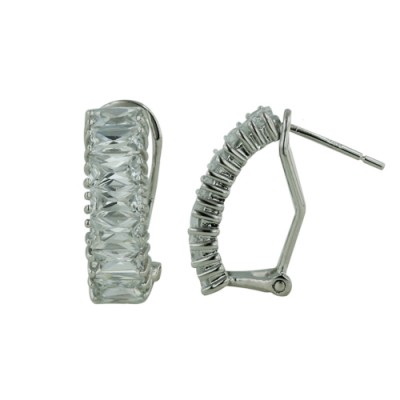 Sterling Silver Earring Half Hoop Omega 7 Baguette Clear Cubic Zirconia