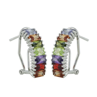 Sterling Silver Earring Half Hoop Omega 7 Baguette Multicolor C