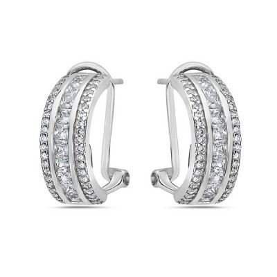 Sterling Silver Earring Omega Back Half Hoop Clear Cubic Zirconia Square Cu
