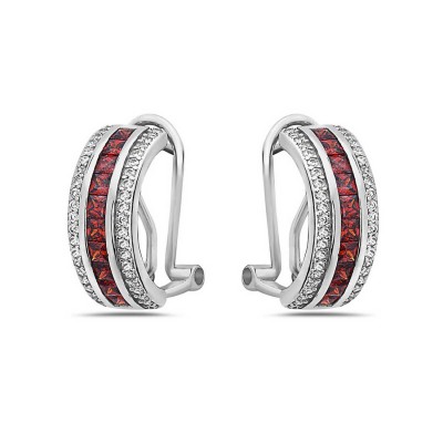 Sterling Silver Earring Omega Back Half Hoop Garnet Cubic Zirconia Square C