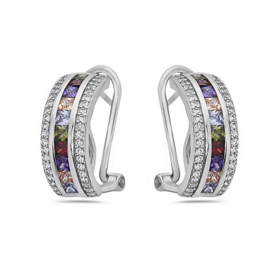 Sterling Silver Earring Omega Back Half Hoop Mixed Color Cubic Zirconia Cle