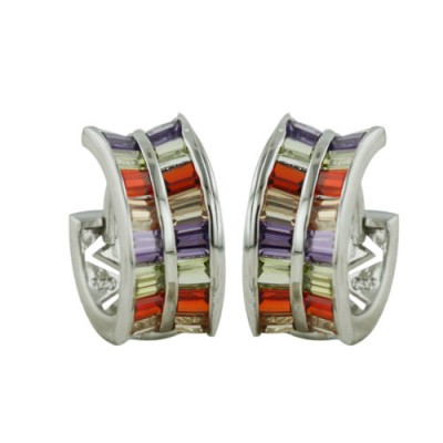Sterling Silver Earring Baguette Muticolor Cubic Zirconia V Angle