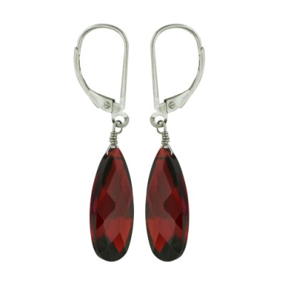Sterling Silver Earring Long Tear Drop Garnet Cubic Zirconia