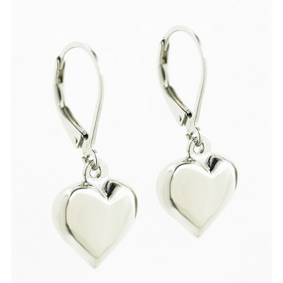 Sterling Silver Earring Solid Puff Heart Dangle Lever Back -Rhodium Plating-