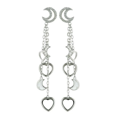 Sterling Silver Earring Moon Post with Clear Cubic Zirconia Dangle Hearts and Moons
