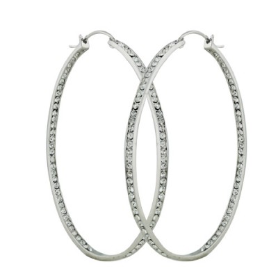 Sterling Silver Earring Large Oval Hoop with Clear Cubic Zirconia