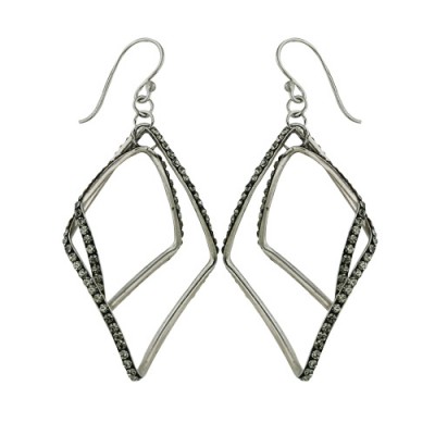 Sterling Silver Earring Open Twisted Rhombus with Bkdm Cubic Zirconia Black Plate