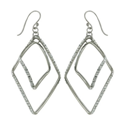 Sterling Silver Earring Two Open Twisted Rhombus with Clear Cubic Zirconia