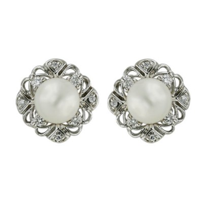 Sterling Silver Earring 8mm Mother of Pearl with Clear Cubic Zirconia Surround