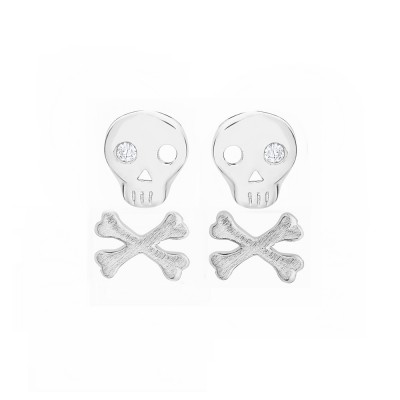 Sterling Silver Earring 2 Set Skull and Cross Bone with Clear Cubic Zirconia Eye
