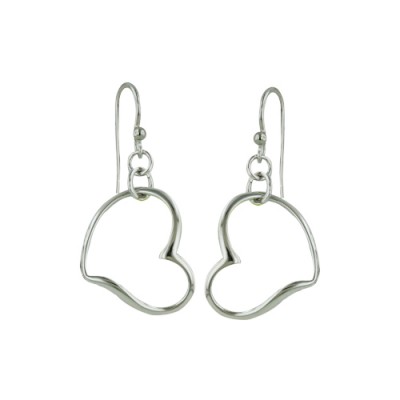 Sterling Silver Earring Open Heart Dangle -Rhodium Plating-