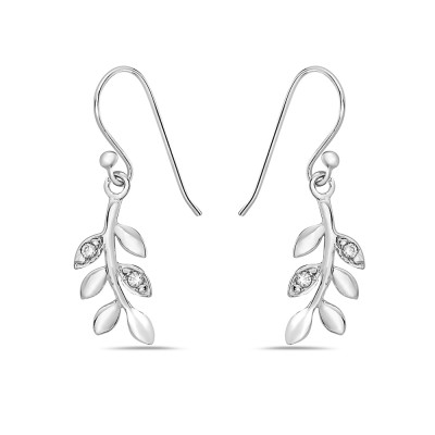 Sterling Silver Earring Braches with Leaves Dangle Clear Cubic Zirconia -Rhodium Plating-