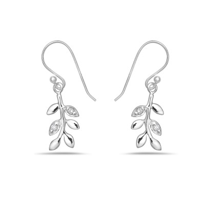 Sterling Silver Earring Braches with Leaves Dangle Clear Cubic Zirconia -E-Coat-