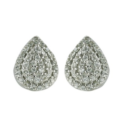Sterling Silver Earring Two Layer Teardrop Paved in Clear Cubic Zirconia