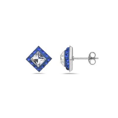 Sterling Silver Earring Square Stud with Sapphire and Clear Cy