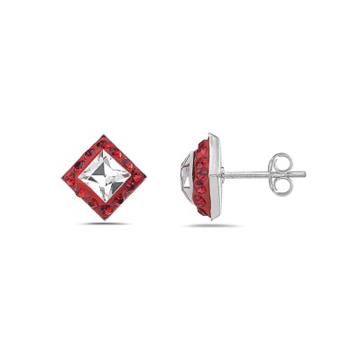 Sterling Silver Earring Square Stud with Light Siam and Clear Cy