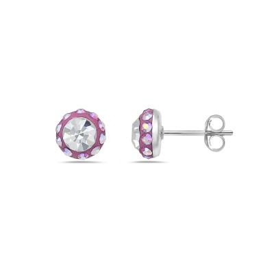Sterling Silver Earring Round Stud with AB color Cyrstal Rose+Clear Cy