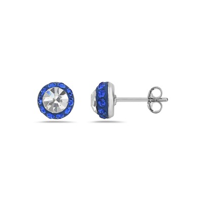 Sterling Silver Earring Round Stud with Sapphire+Clear Cy