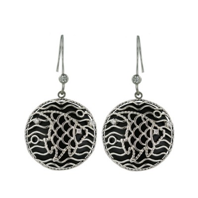 Sterling Silver Earring Filigree Dome Round Black Agate