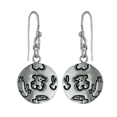 Sterling Silver Earring Bear Etched Round Dangling