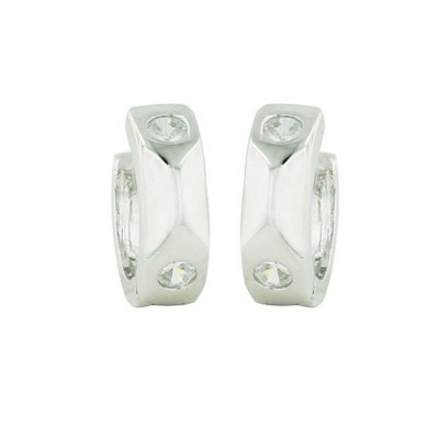 Sterling Silver Earring 13mm Huggie 2 Clear Cubic Zirconia Bent Front