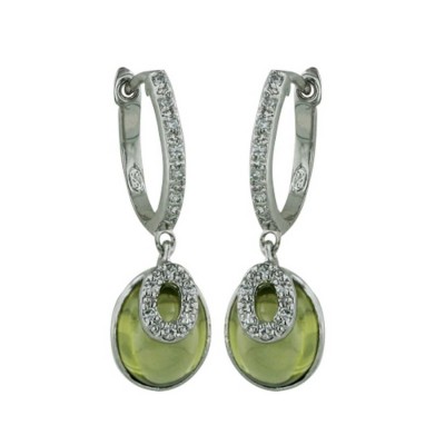 Sterling Silver Earring Olivine Oval Dome Clear Cubic Zirconia Latch Back