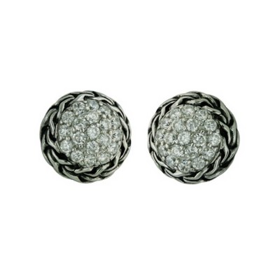 Sterling Silver Earring Dome Stud Clear Cubic Zirconia Center Oxidized Bezel