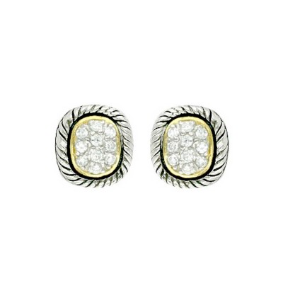 Sterling Silver Earring Cushion Two Tone Stud with Clear Cubic Zirconia