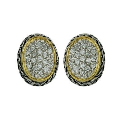 Sterling Silver Earring Oval Two Tone Stud with Clear Cubic Zirconia