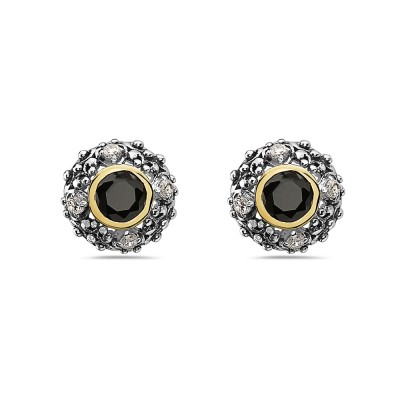 Sterling Silver Earring Dome with Bk+Clear Cubic Zirconia Filigree Bezel