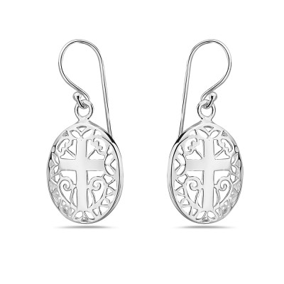 Open Oval Cross Filigree Charm Earrings