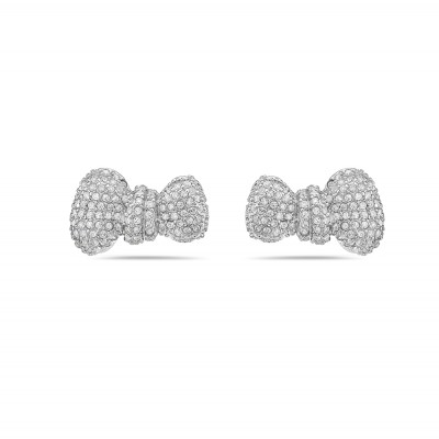 Sterling Silver Earring Puffy Uneven Bow Paved in Clear Cubic Zirconia