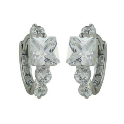 Sterling Silver Earring Huggie 6mm Square Clear Cubic Zirconia 3-3mm Rd Clear Cubic Zirconia