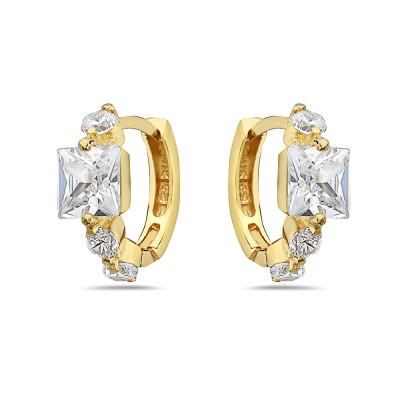 Sterling Silver Earring Huggie 6mm Square Clear Cubic Zirconia 3-3mm Rd Clear Cubic Zirconia