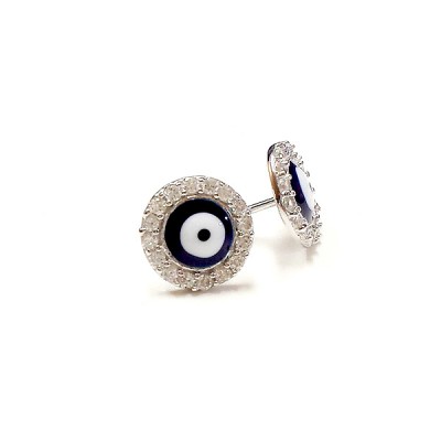 Sterling Silver Earring Rd Blue Enamel Evil Eye with Clear Cubic Zirconia Ard Stud