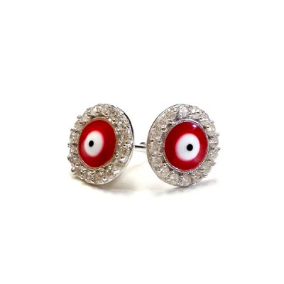 Sterling Silver Earring Rd Red Enamel Evil Eye with Clear Cubic Zirconia Ard Stud