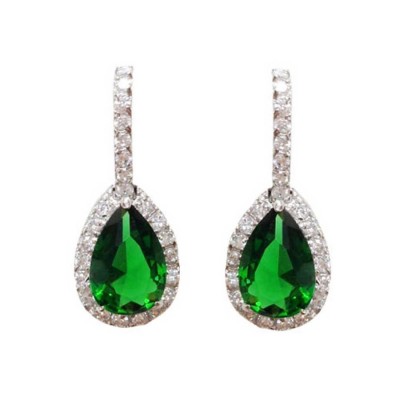 Sterling Silver Earring Clear Cubic Zirconia+Green Glass Teardrop