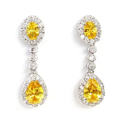 Sterling Silver Earring Oval+Teardrop Yellow with Clear Cubic Zirconia