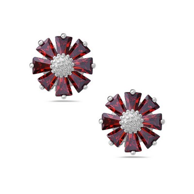 Sterling Silver Earring Baguette Flower Garnet Cubic Zirconia