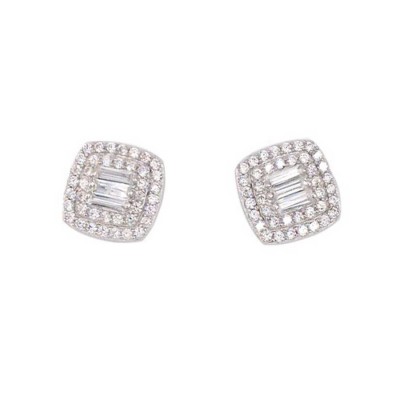 Sterling Silver Earring Cushion Shaped Stud with Clear Baugette Cubic Zirconia