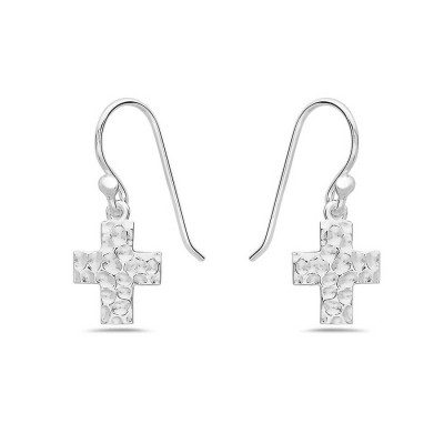 Sterling Silver Earring 11X9.5mm Plain Hammered Cross