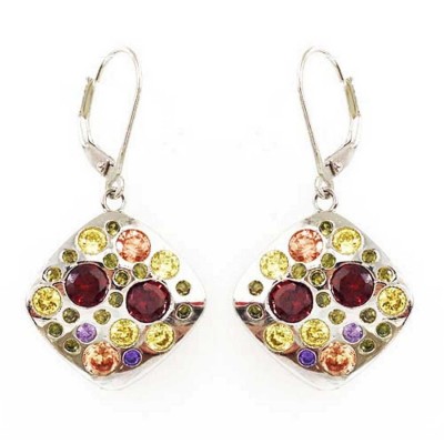 Sterling Silver Earring Concave Diamond Shape Multicolor Cubic Zirconia