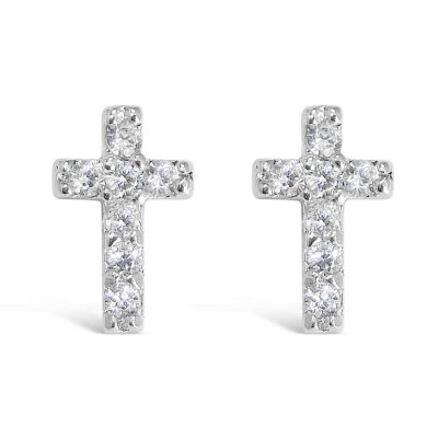 Sterling Silver Earring Clear Cubic Zirconia Cross Stud -Rhodium Plating-