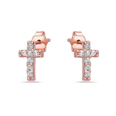 Sterling Silver Earring Clear Cubic Zirconia Cross Stud -Rose Gold-