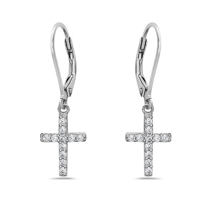 Sterling Silver Earring Clear Cubic Zirconia Cross on Leverback -Rhodium Plating-