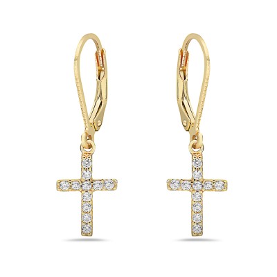 Sterling Silver Earring Clear Cubic Zirconia Cross on Leverback -Gold-