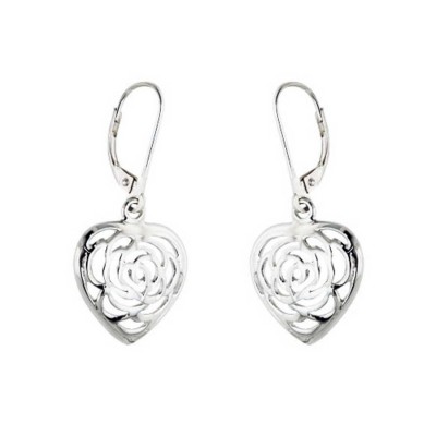 Sterling Silver Earring Plain Rose Filigree Heart Lever Back