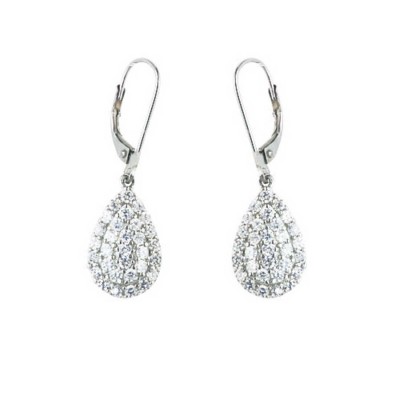 Sterling Silver Earring Clear Cubic Zirconia Paved Puff Tear Drop on Leverback