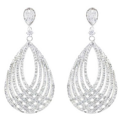 Sterling Silver Earring Interlocking Clear Cubic Zirconia Wave Forms Tear Drop